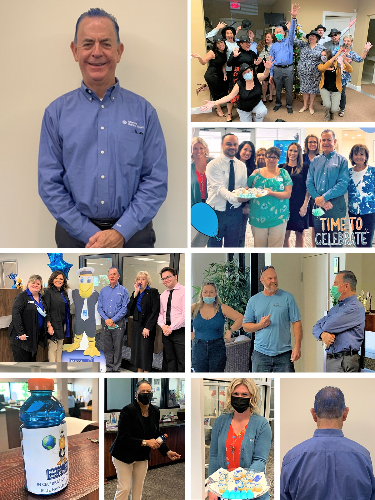 Collage of Bill Penney with blue hair with team members.